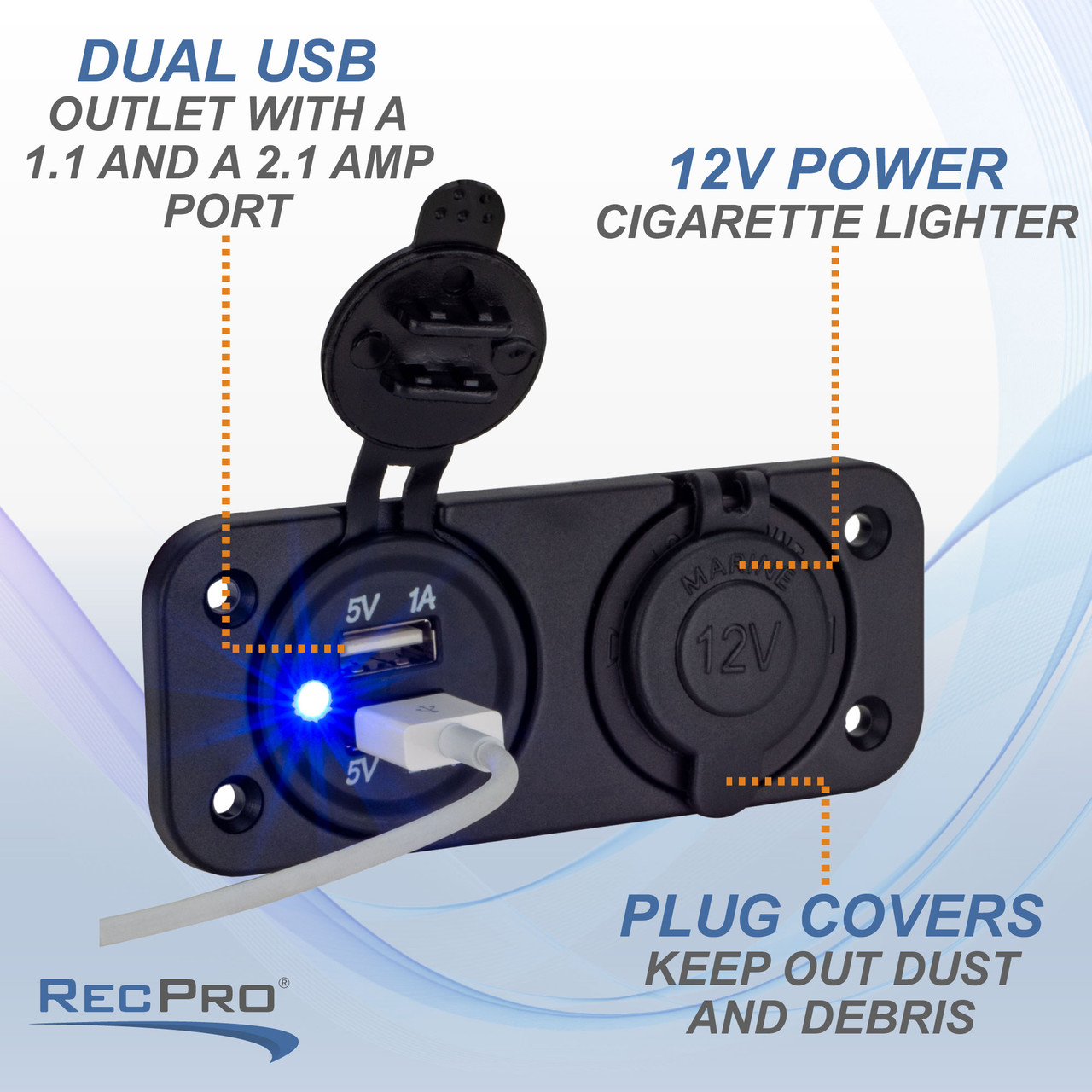 RV Dual 12 Volt USB Charger Socket Black Recessed Mount - RecPro
