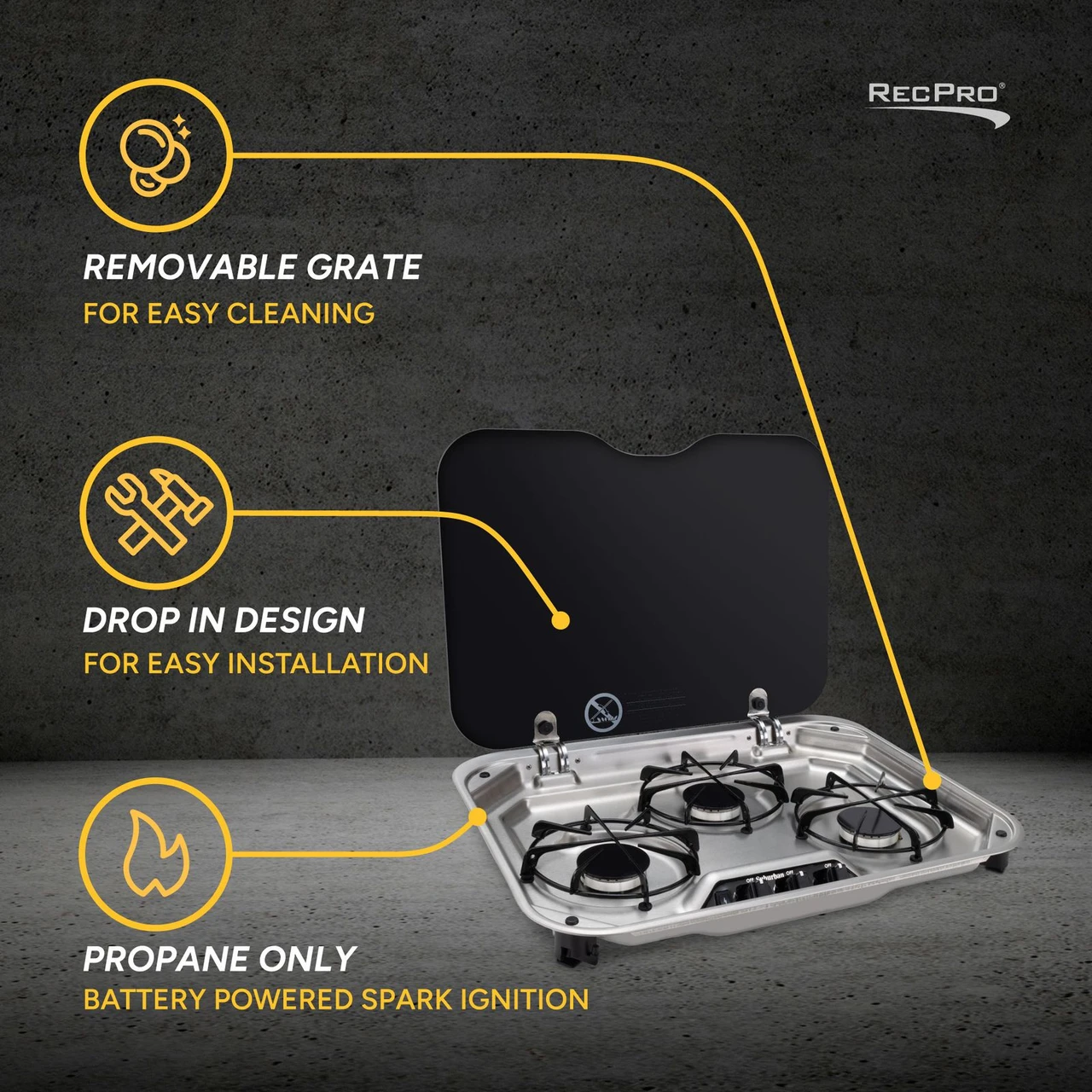 RV Suburban Gas Cooktop Three Burner Drop In - RecPro