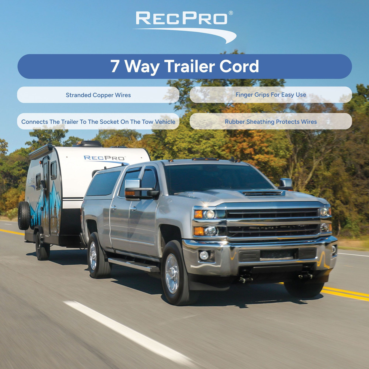 Plug Way Cart 7-Way Trailer Plug Cord Wiring Harness 8' - RecPro