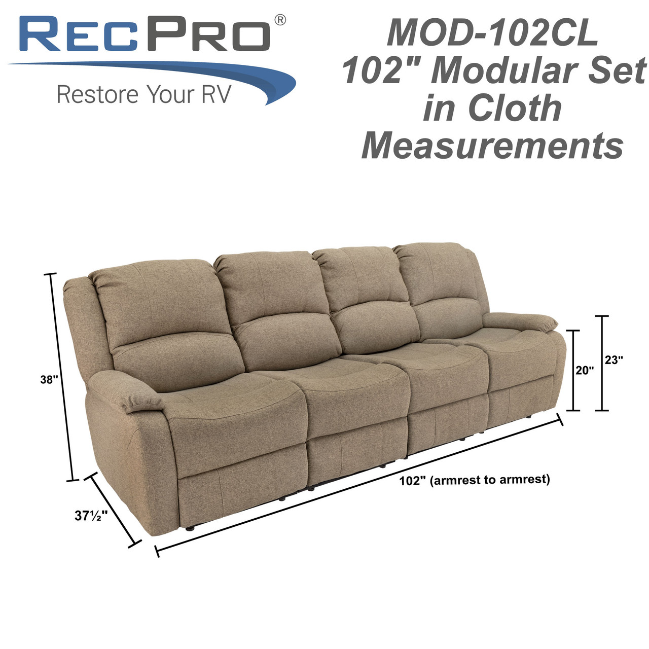 Quad Charles - Wall RV Sofa Recliner Consoles Cloth RecPro Drop Hugger in RecPro with Down 102\