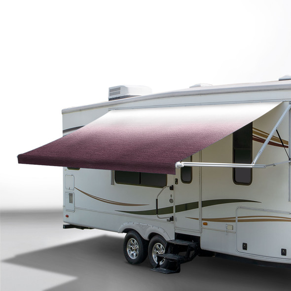 Burgundy awning extended out on an RV.