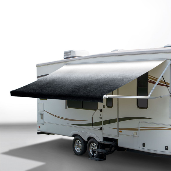 Charcoal awning extended out on an RV.