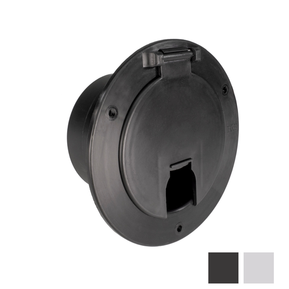 Black RV camper power cord hatch.