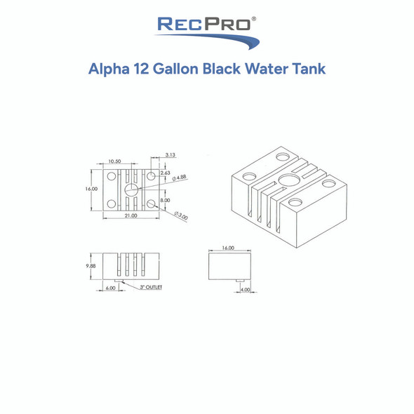 Alpha 12 Gallon 21" x 9.88" x 16" Black Water Tank 932001