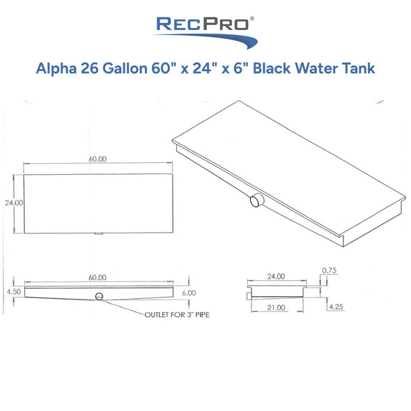 Alpha 26 Gallon 60" x 24" x 6" Black Water Tank VR24606H