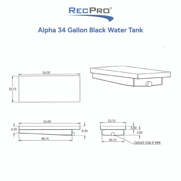 Alpha 34 Gallon 56" x 23.75" x 8.50" Black Water Tank VR245685H