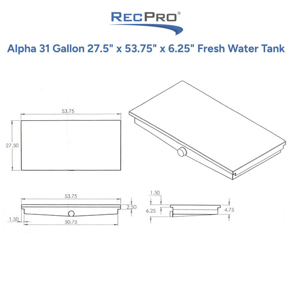 Alpha 31 Gallon 27.5" x 53.75" x 6.25" Fresh Water Tank 210002