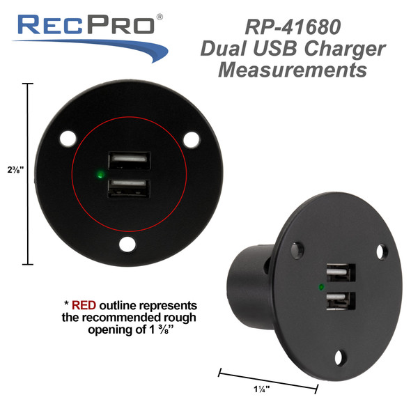 Black RV dual USB charger socket measurements.