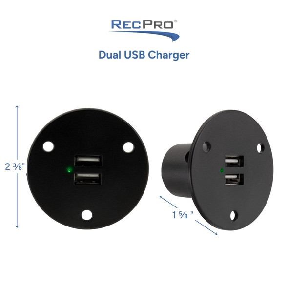 Black RV dual USB charger socket measurements.