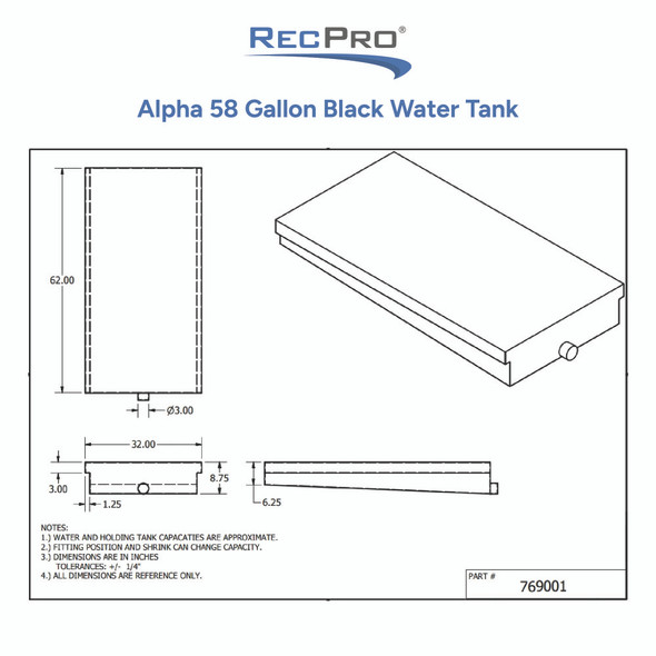 Alpha 58 Gallon 32 x 62 x 8.75 Black Water Holding Tank