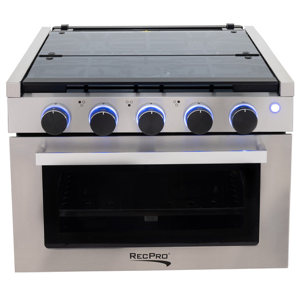 Stainless steel 17" gas range with backlit knobs front view.