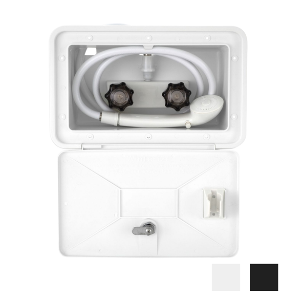 White RV exterior shower box with the front door open.