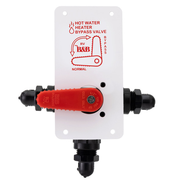 Red hot water heater diverter valve with front mounting plate front view.