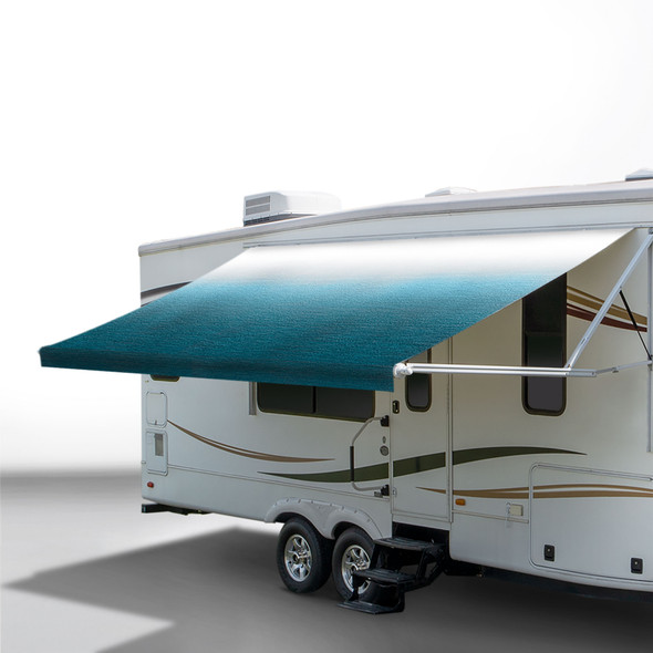 Blue awning extended out on an RV.