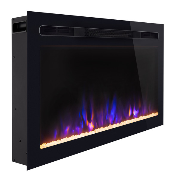 26 inch flat glass electric fireplace with the flames on.