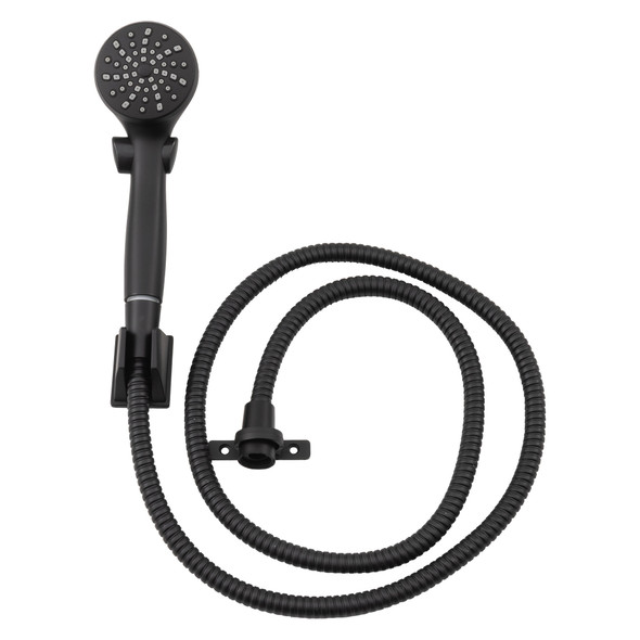 Black RV handheld shower head and hose with wall mount.