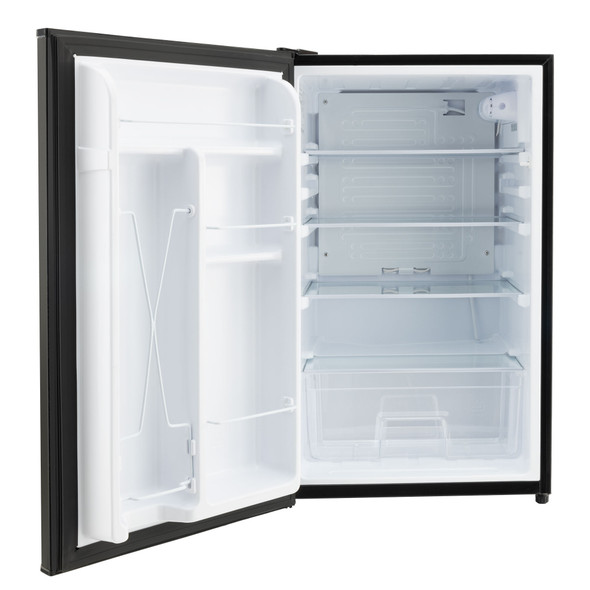 Black 12 volt RV refrigerator with the door open.