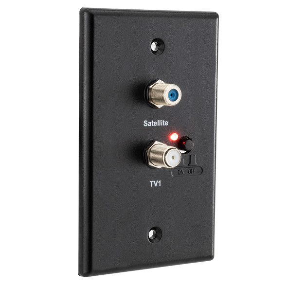 Black satellite and cable hookup wall plate with the red indicator light on.