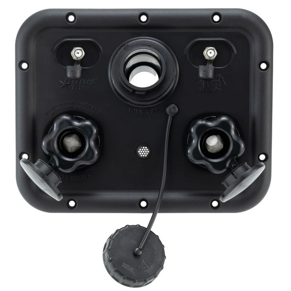 Titus T3 RV Multifunction City Water Fill Panel with Gravity Fill, Flush, and Dual Coax  6 3/4" x 5"