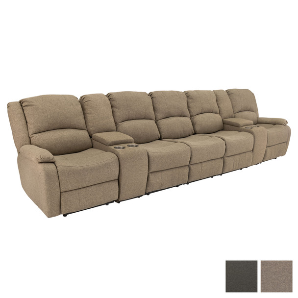 RecPro Charles 148" Wall Hugger RV Recliner Sofa with Three Center Reclining Consoles in Cloth