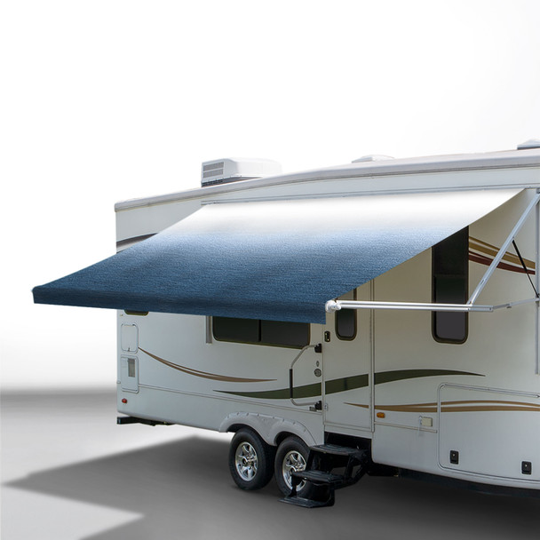 Slate Blue awning extended out on an RV.