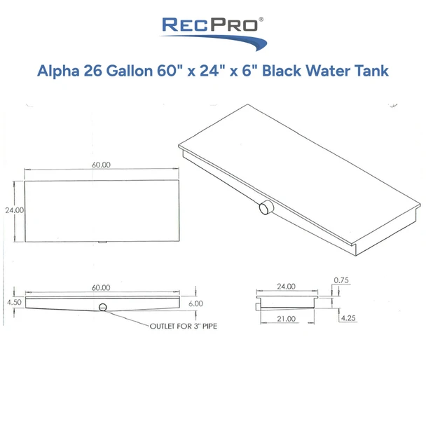 Alpha 26 Gallon 60" x 24" x 6" Black Water Tank VR24606H