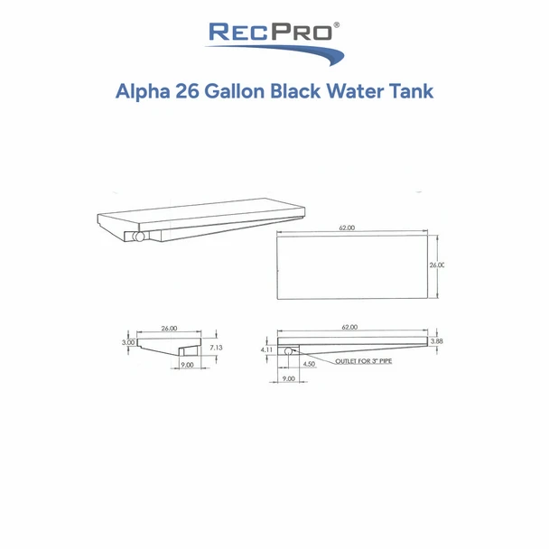 Alpha 26 Gallon 62" x 26" x 7.5" Black Water Tank 403001