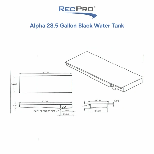 Alpha 28.5 Gallon 60" x 24" x 7" Black Water Tank VR24607HR