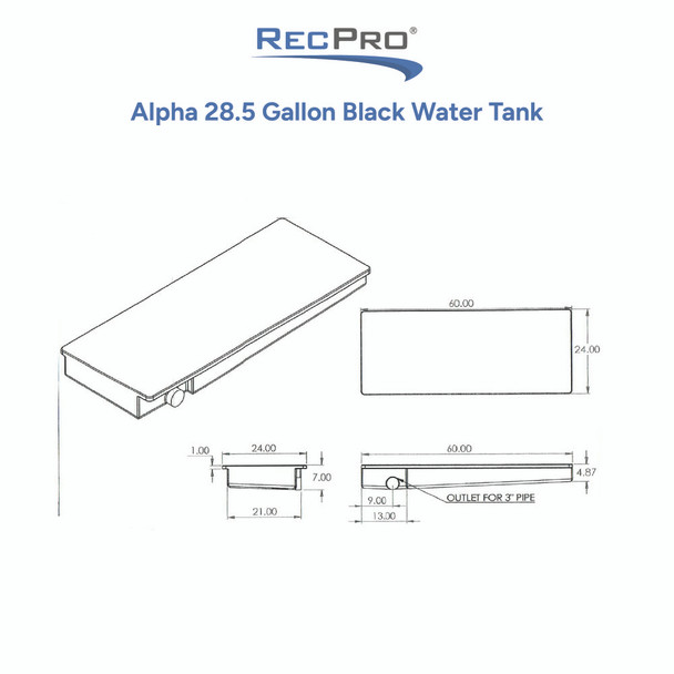 Alpha 28.5 Gallon 60" x 24" x 7" Black Water Tank VR24607HL
