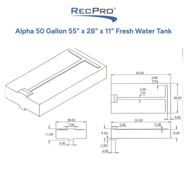 Alpha 50 Gallon 55" x 28" x 11" Fresh Water Tank VR285585W