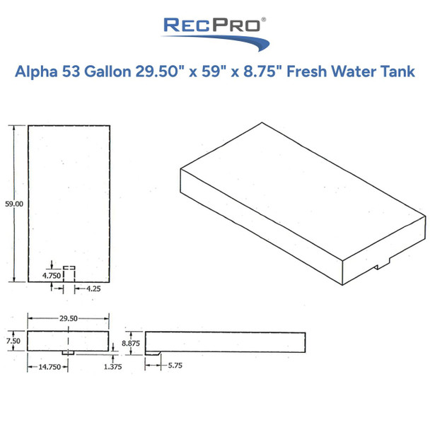 Alpha 53 Gallon 29.50" x 59" x 8.75" Fresh Water Tank VR295975W