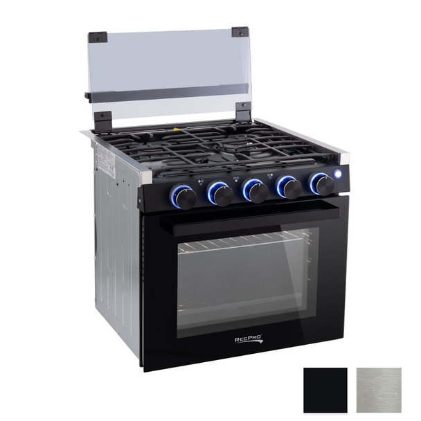 Black 21" gas range with the glass top cover raised up.