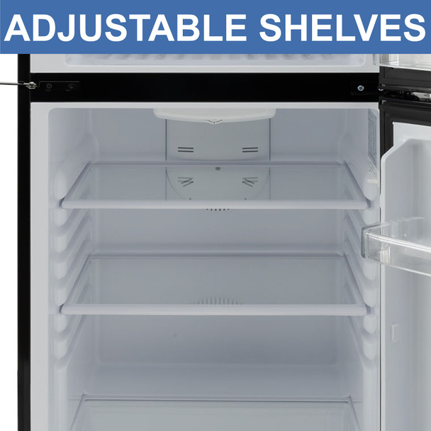 Adjustable glass shelves inside the fridge.