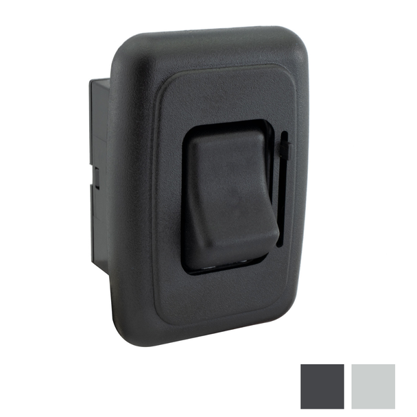 Black RV 12V DC toggle style light switch with a high-side dimmer.