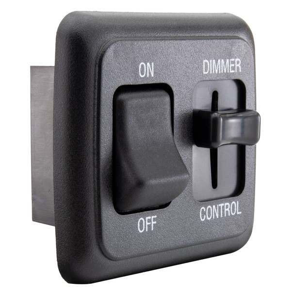 Black 12V DC toggle switch with high-side dimmer.