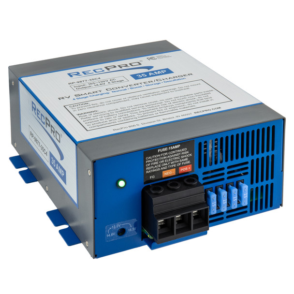 Blue and gray RecPro RV 35 amp smart charging converter.