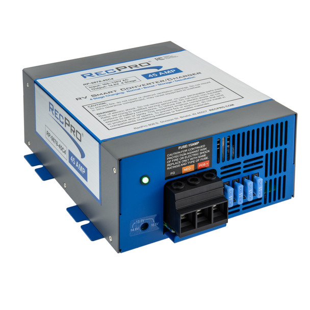 Blue and gray RecPro RV 45 amp smart charging converter.