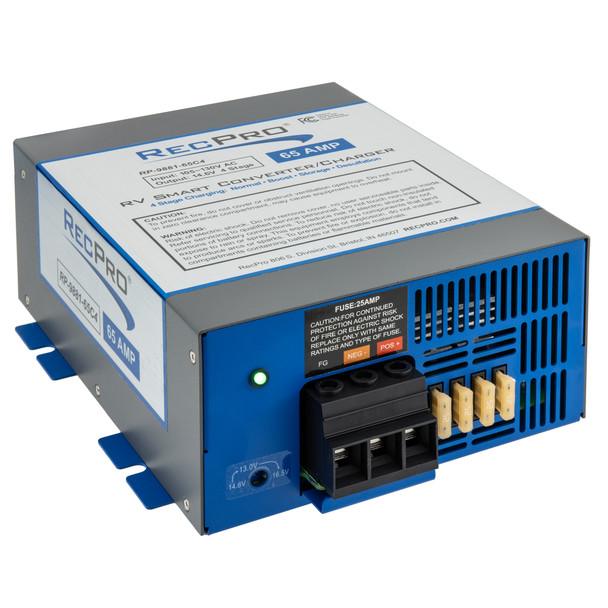 Blue and gray RecPro RV 65 amp smart charging converter.