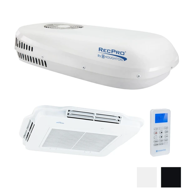 White 48 volt 13.5K BTU air conditioner with plenum and remote.