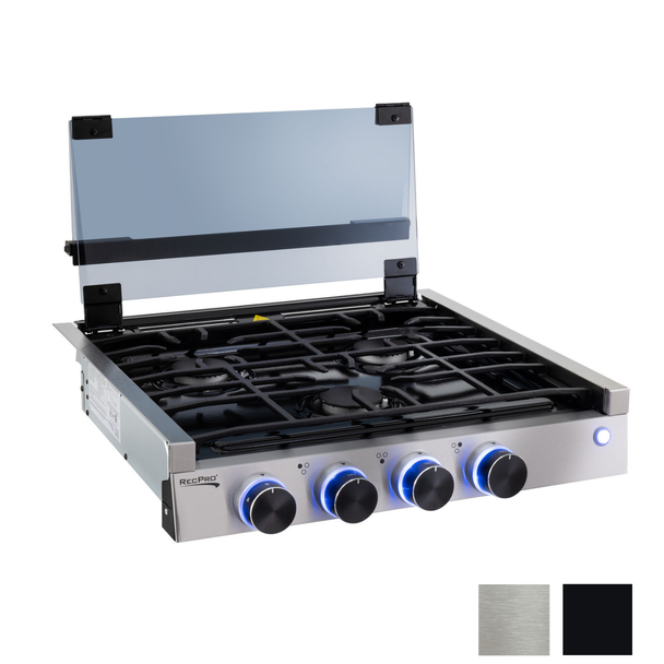 Stainless steel three burner gas cooktop with cover up.