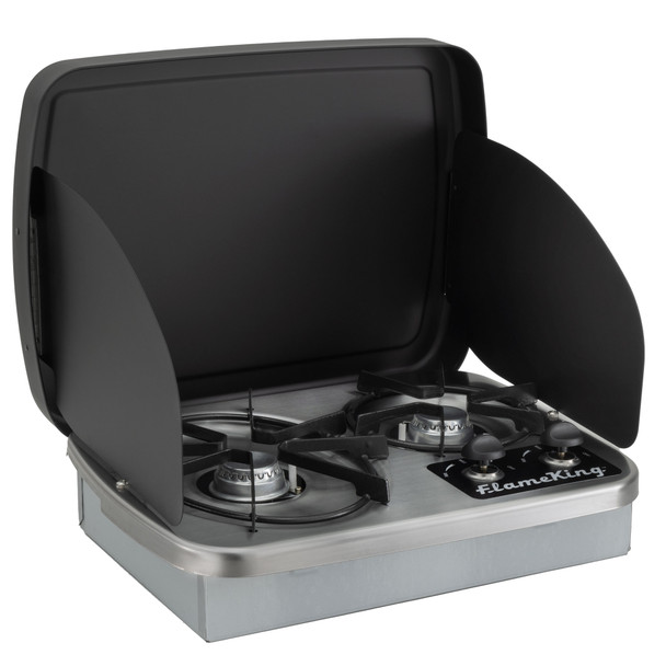RV two burner gas cooktop with hood and wind guard.