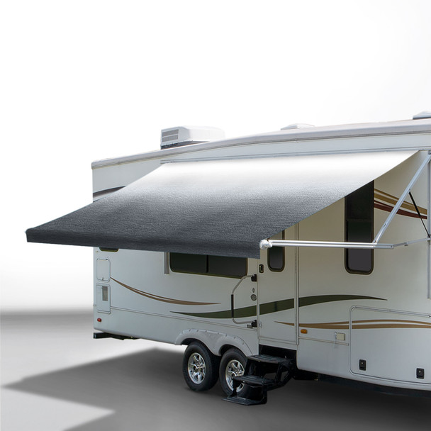 Charcoal awning extended out on an RV.