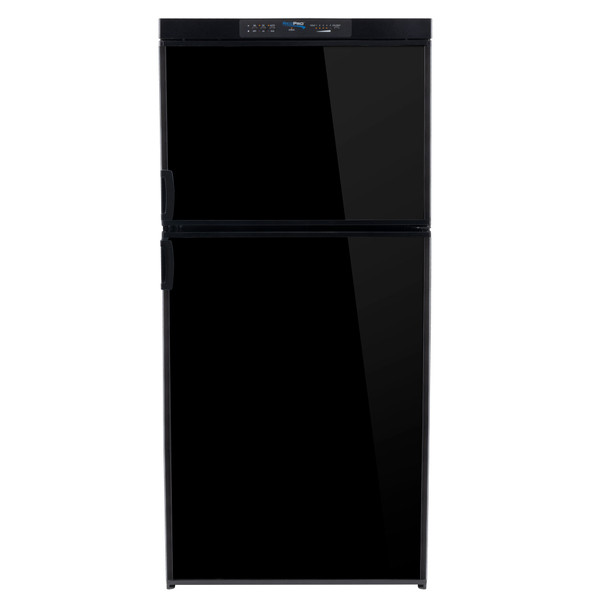 Black RV refrigerator front view.
