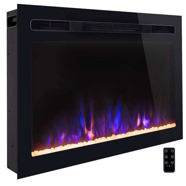26 inch flat glass electric fireplace with the flames on.