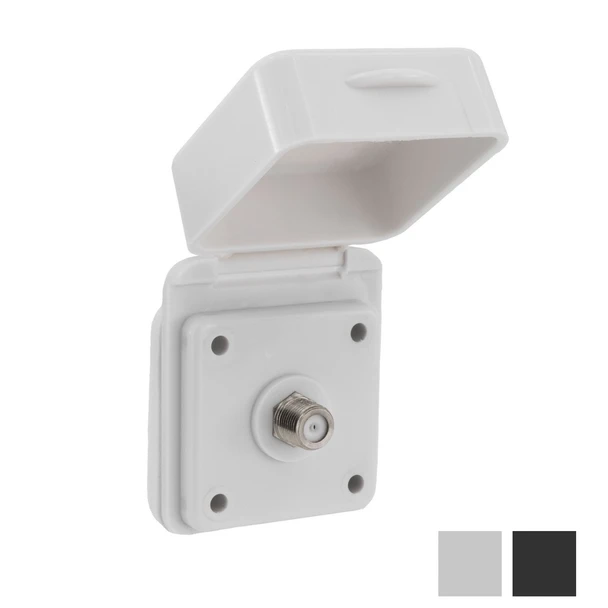 White RV cable TV inlet coaxial cable connector with the cover open.