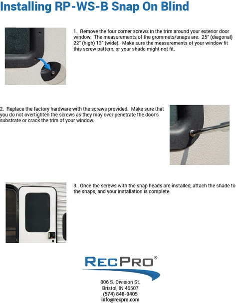 Rec Pro Rv Window RV Window Shade for Entry Door with Snaps - Black - RecPro