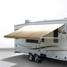 Tan awning extended out on an RV.