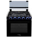 Black 21" gas range with the glass top cover raised up front view.