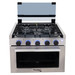 Stainless steel 17" gas range with the glass top cover raised up front view.