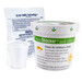 Auto odor eliminator biocide container with a small plastic cup and odor eliminator packet.